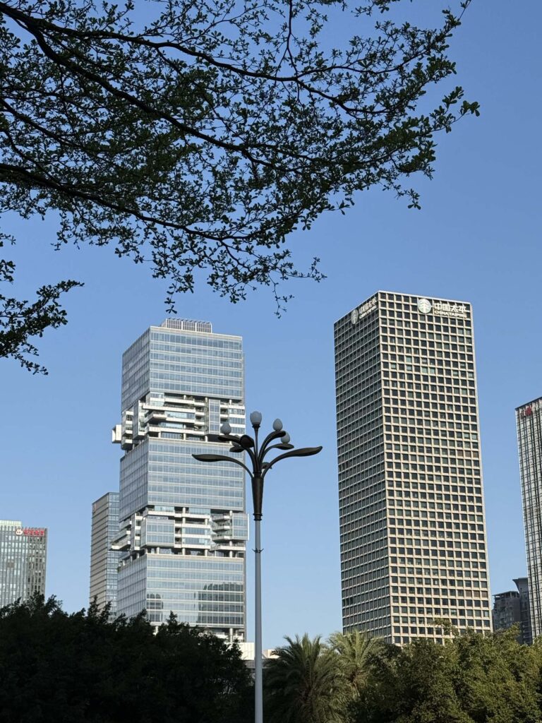 公園の木立ごしに見える深センの高層ビル